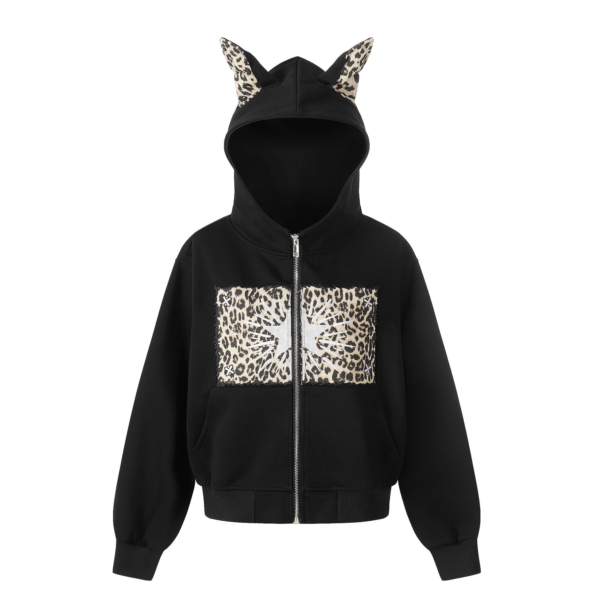 Black zip-up hoodie with leopard print chest panel and cat ear hood accents, front view
