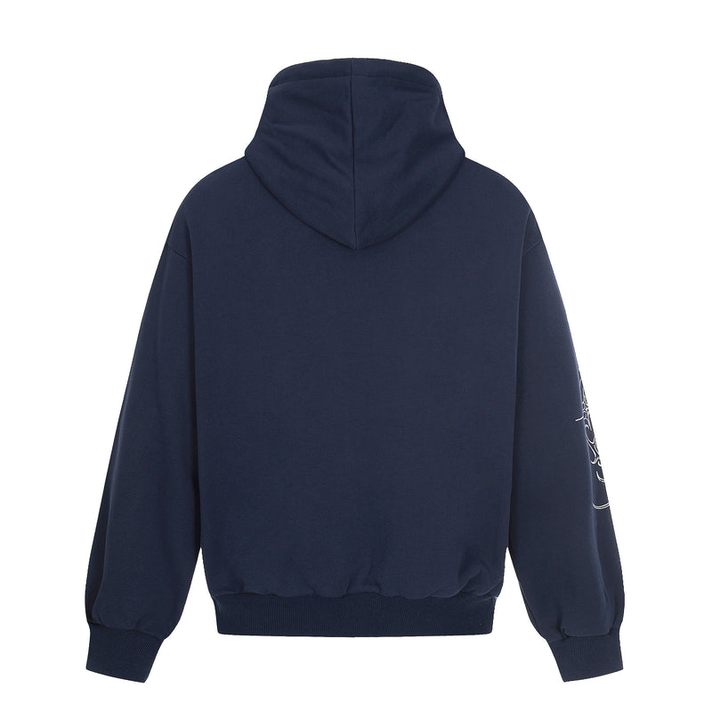 Back view of navy oversized hoodie with plain hood and long sleeves