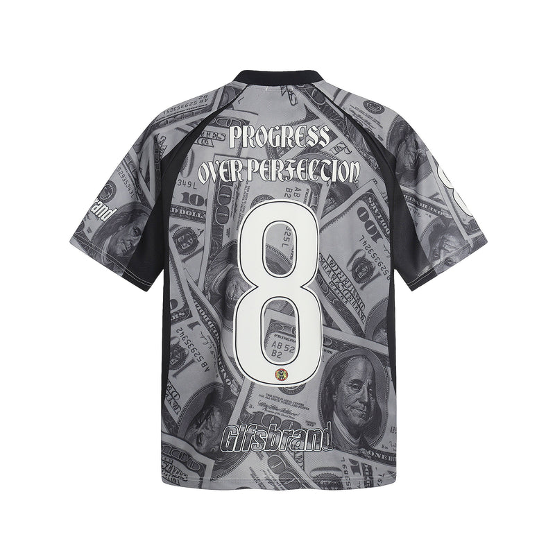 Gray mesh football jersey with dollar bill print, large number 8, and black trim on the back