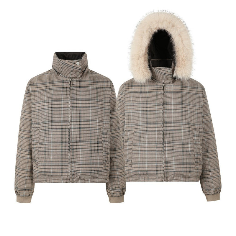 Reversible Plaid Faux Fur Hooded Puffer Jacket | SEAKOFF
