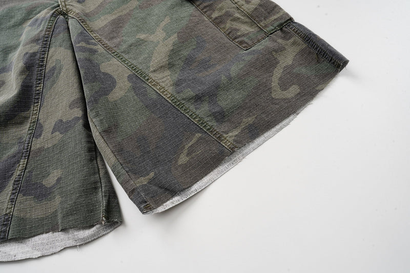 Close-up of the lower leg side seam and hem on camouflage cargo shorts