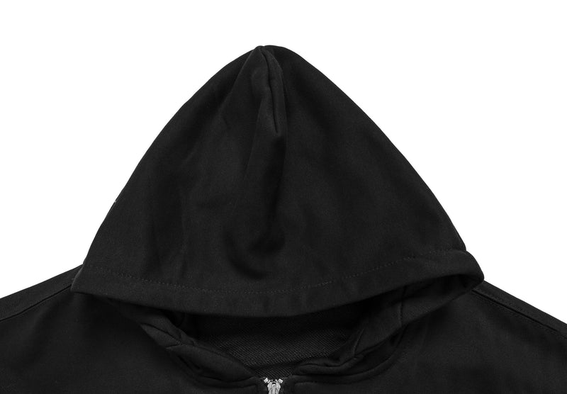 Close-up of black hoodie hood with smooth fabric and stitched center seam