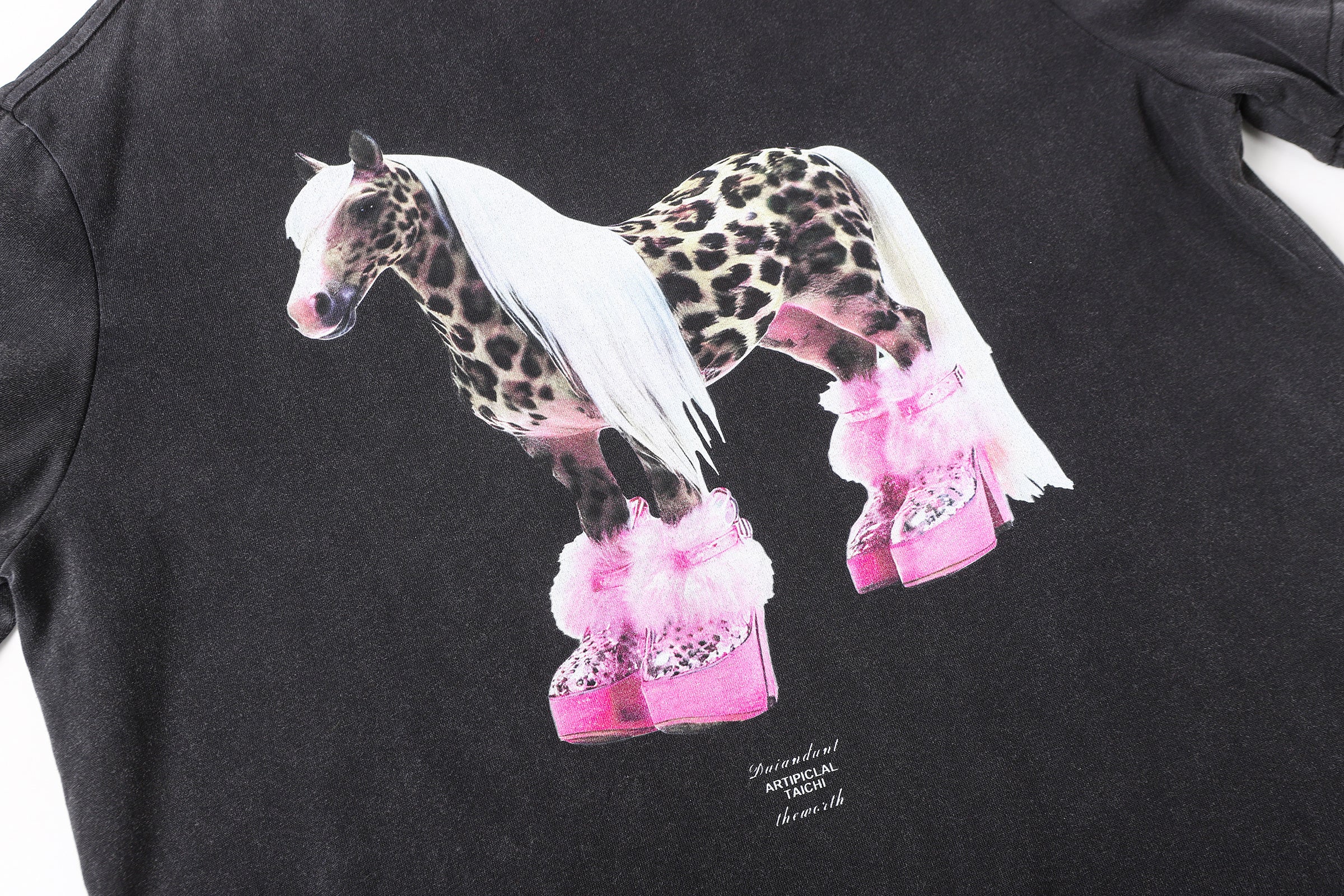 Layered Horse Graphic Tee | Camo Mesh Sleeve Streetwear
