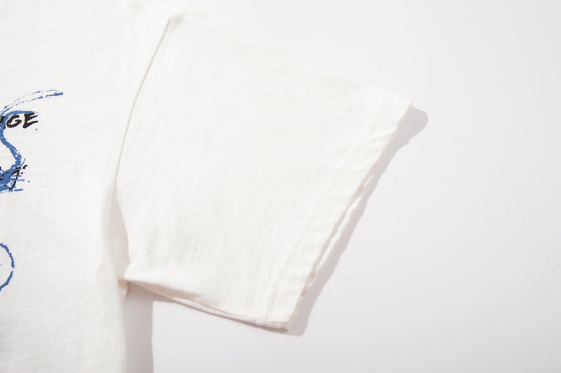 White streetwear T-shirt sleeve with abstract blue sketch graphic on soft cotton fabric