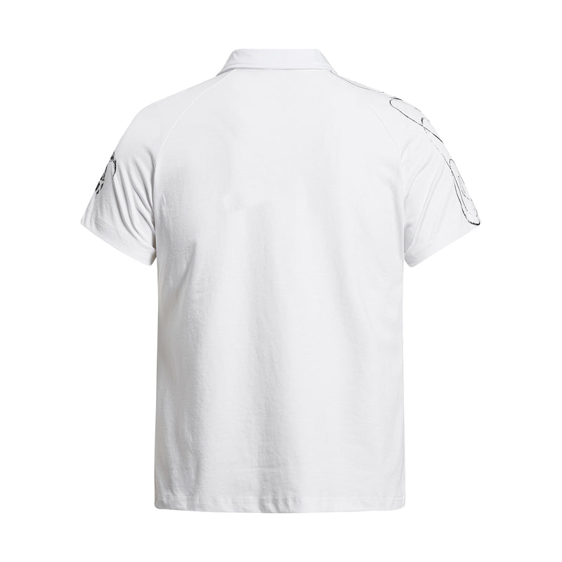 White distressed graphic polo shirt with black skate-inspired sleeve prints, shown from the back on a plain background