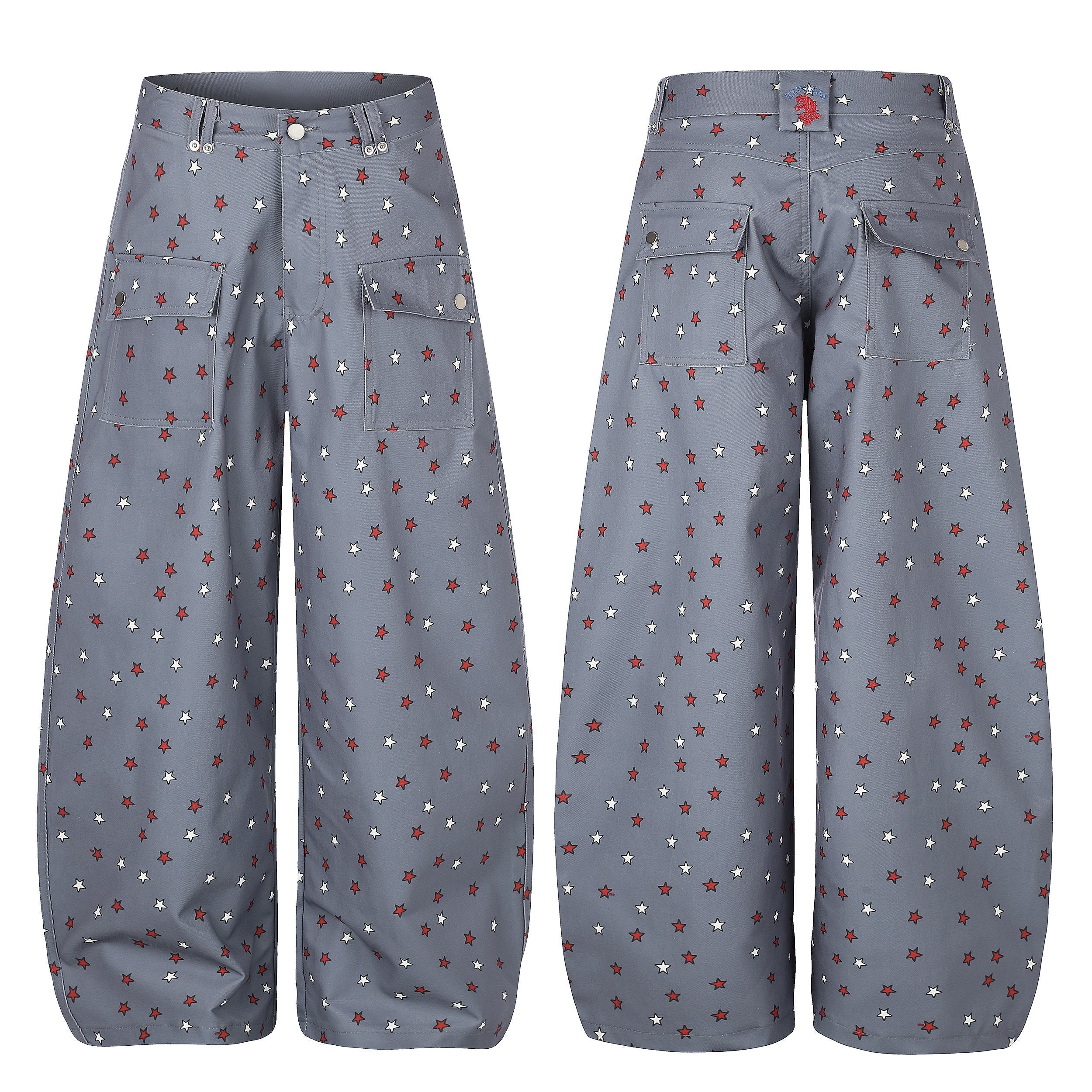 Front and back view of grey wide-leg balloon jeans with red and white star print and utility pockets