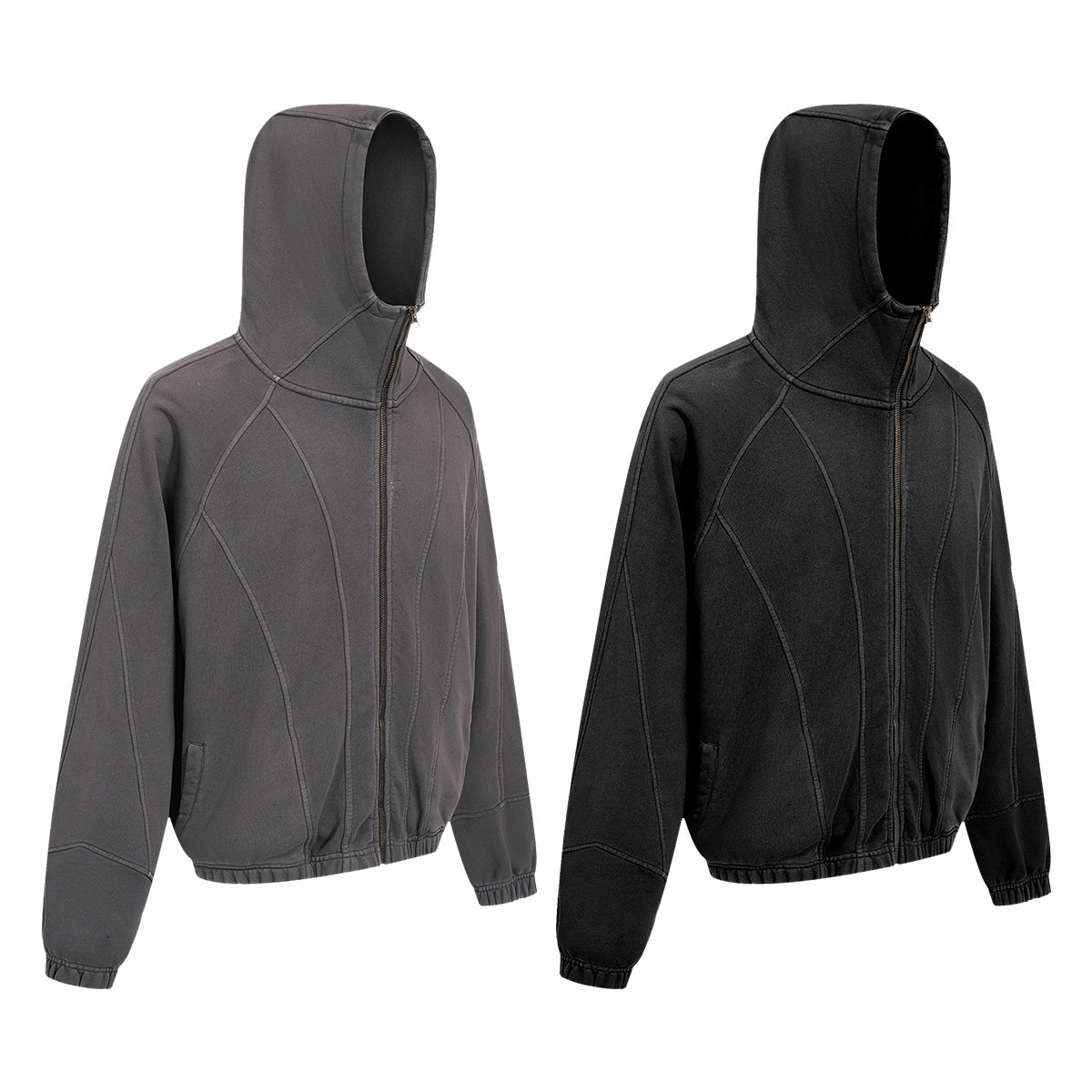 Washed charcoal grey and black curved-seam full-zip hoodies displayed side by side on white background