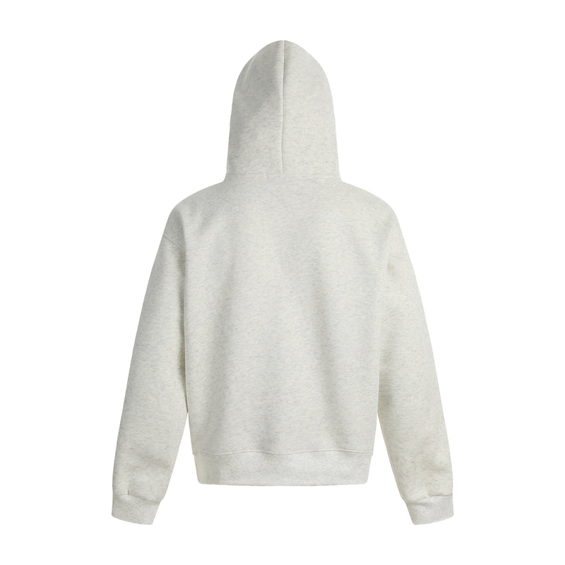 Heather gray fleece hoodie shown from the back with a plain hood and ribbed hem