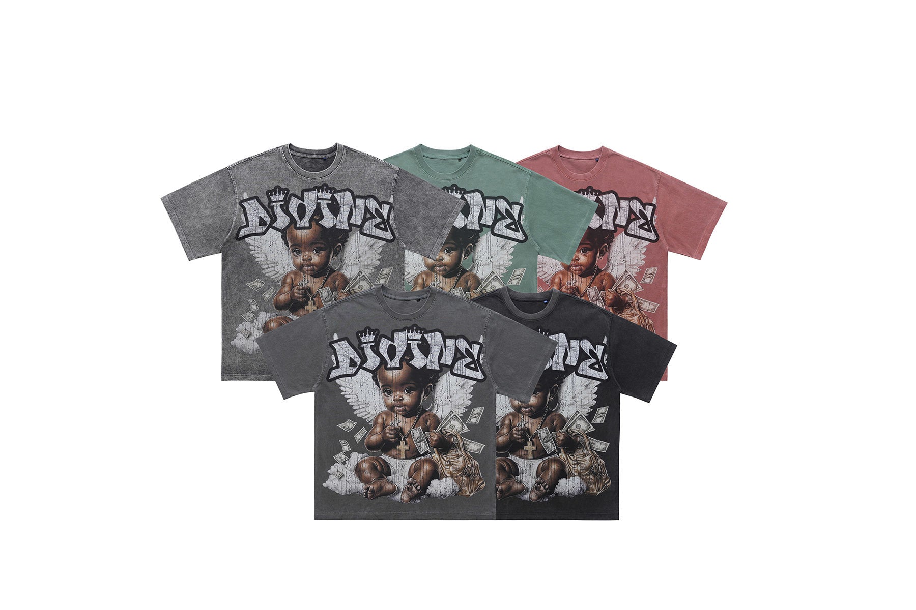 Omirad Divine Baby graphic tee in washed grey with cherub angel wings cash and graffiti lettering print