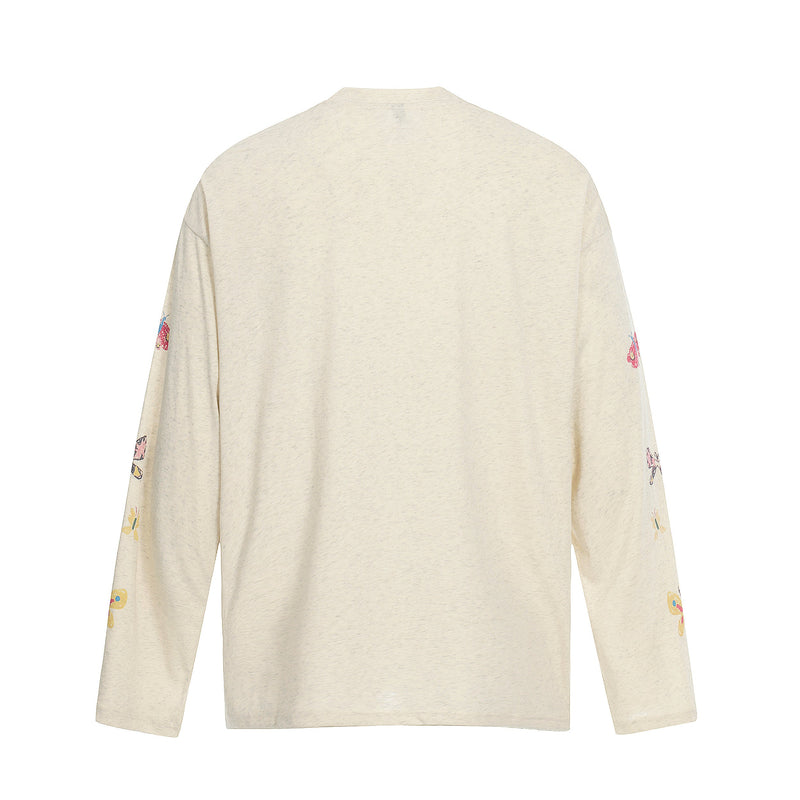 Back view of cream long sleeve tee with small butterfly prints on the sleeves