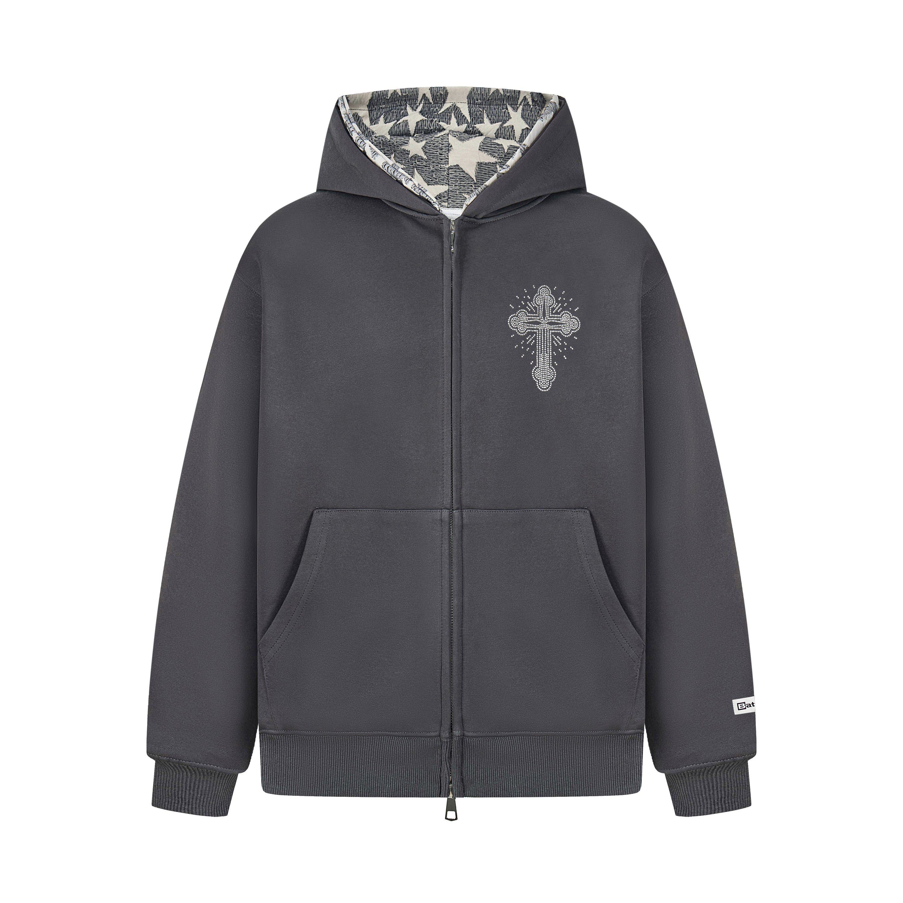 Rhinestone Cross Zip Hoodie | Streetwear Fleece Hoodie