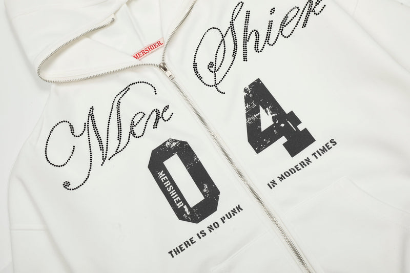 Front of white zip hoodie showing both script graphics and red Menshier neck label