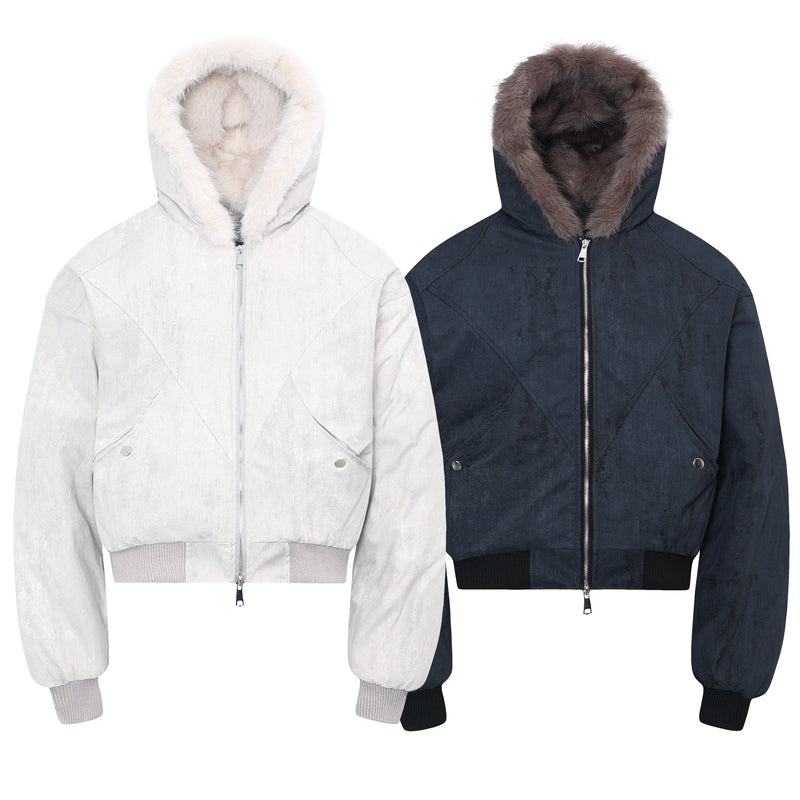 Omirad Frost-Fur Hooded Bomber Jacket | Cropped Streetwear
