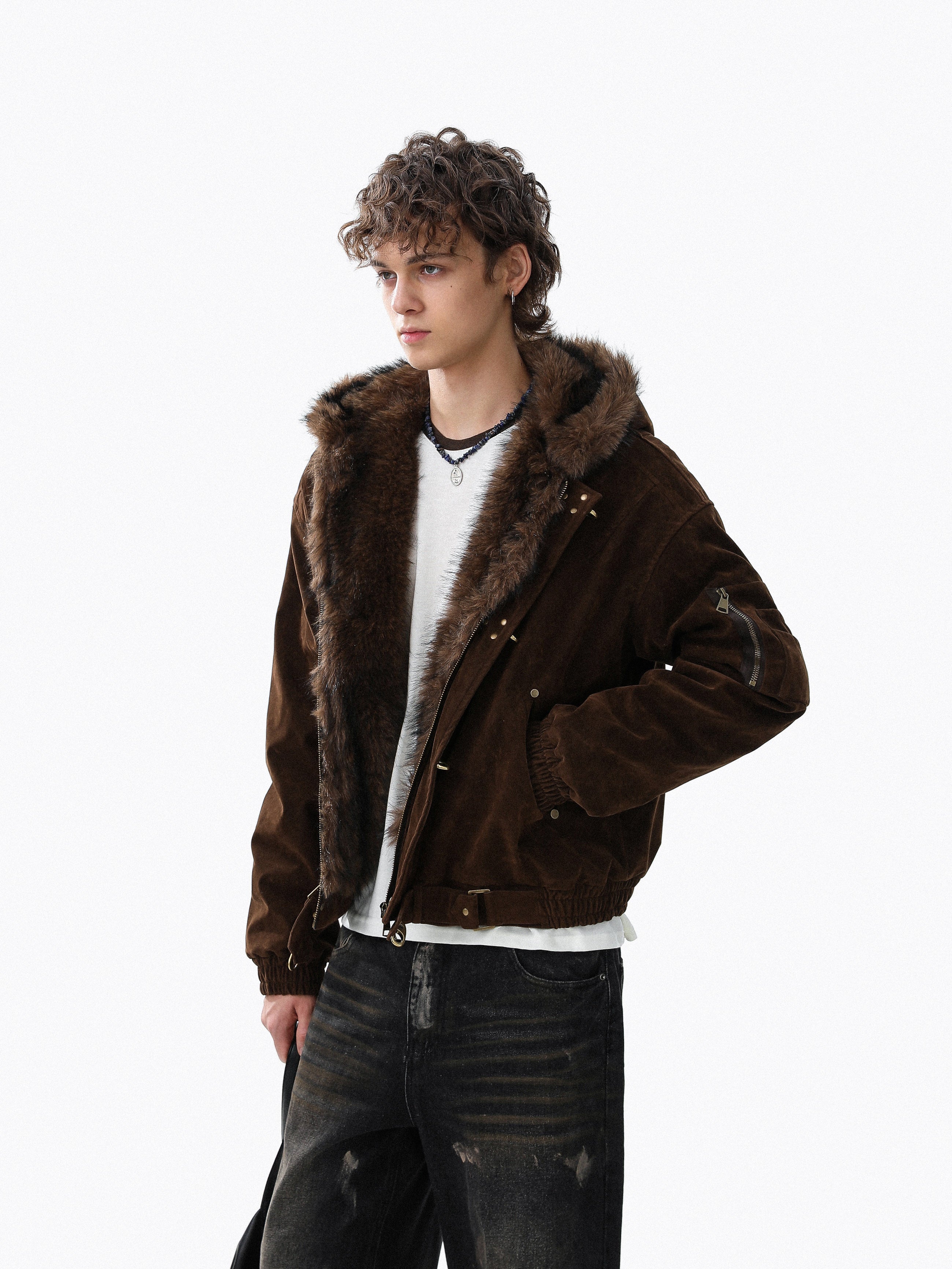 Omirad Faux Suede Fur-Lined Hooded Bomber Jacket