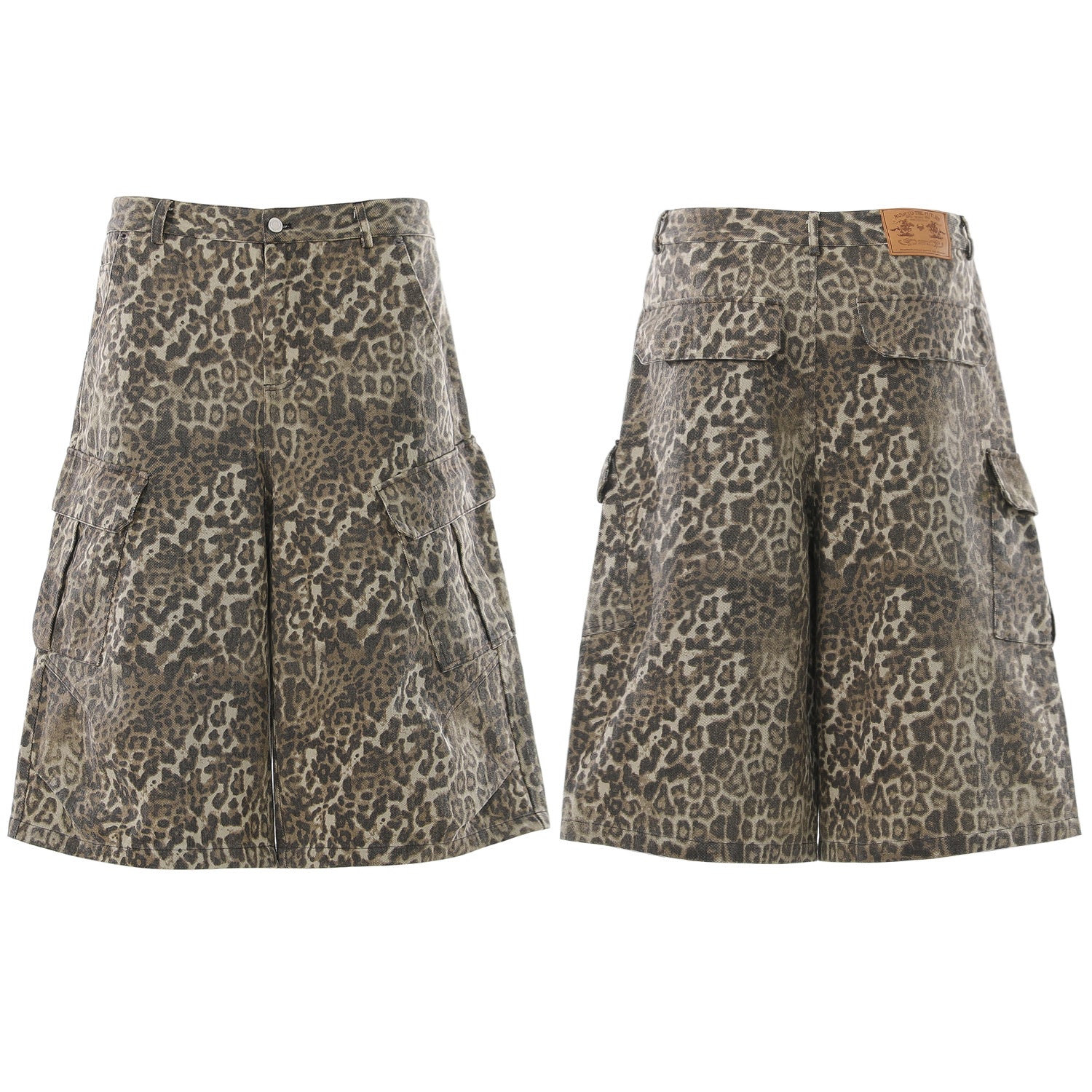 Front and back view of wide-leg leopard print cargo shorts in faded khaki and brown tones with flap cargo pockets