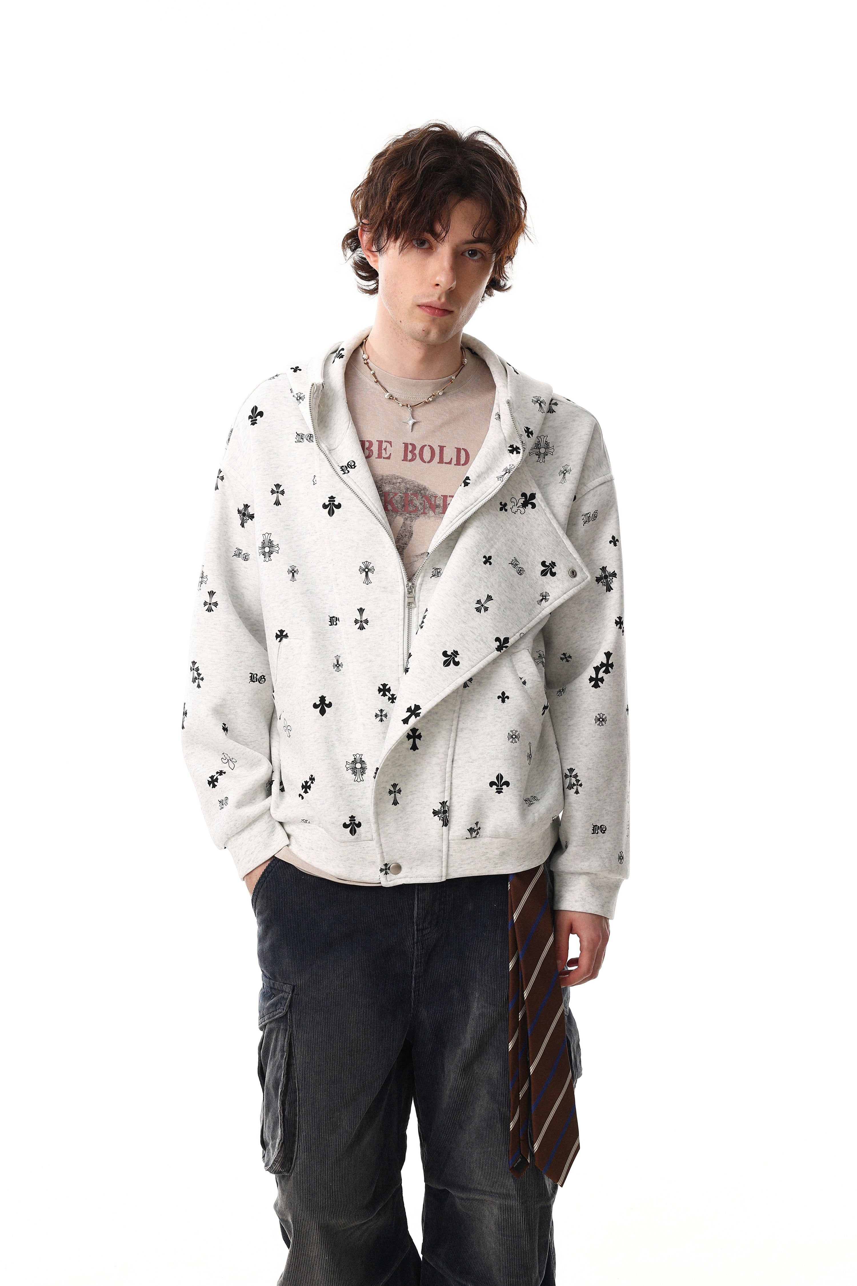All-Over Gothic Cross Print Hooded Zip Jacket | Streetwear
