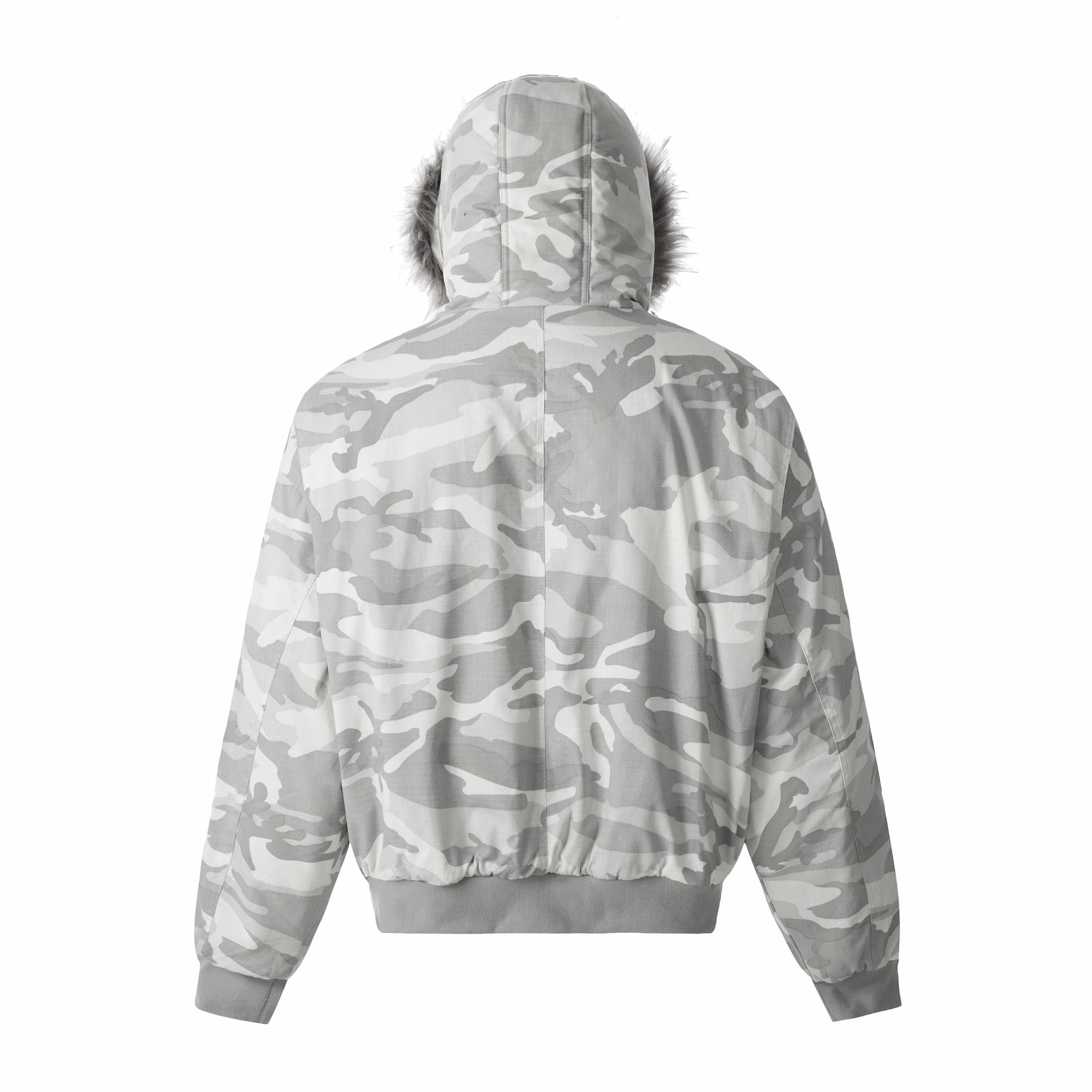 White Camo Faux Fur Hooded Padded Bomber Jacket
