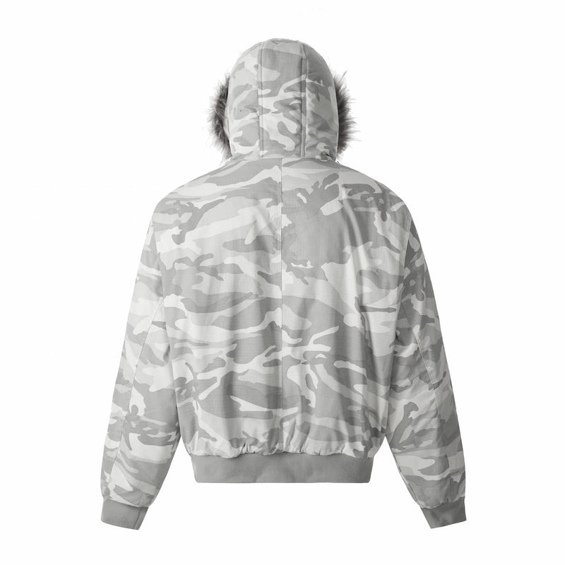 White Camo Faux Fur Hooded Padded Bomber Jacket