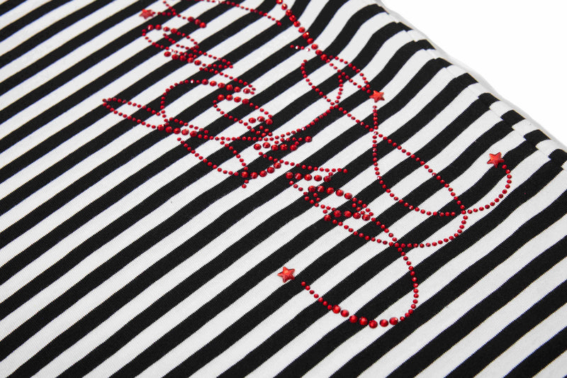 Black and white striped tee with red rhinestone gothic script and star accents across the chest