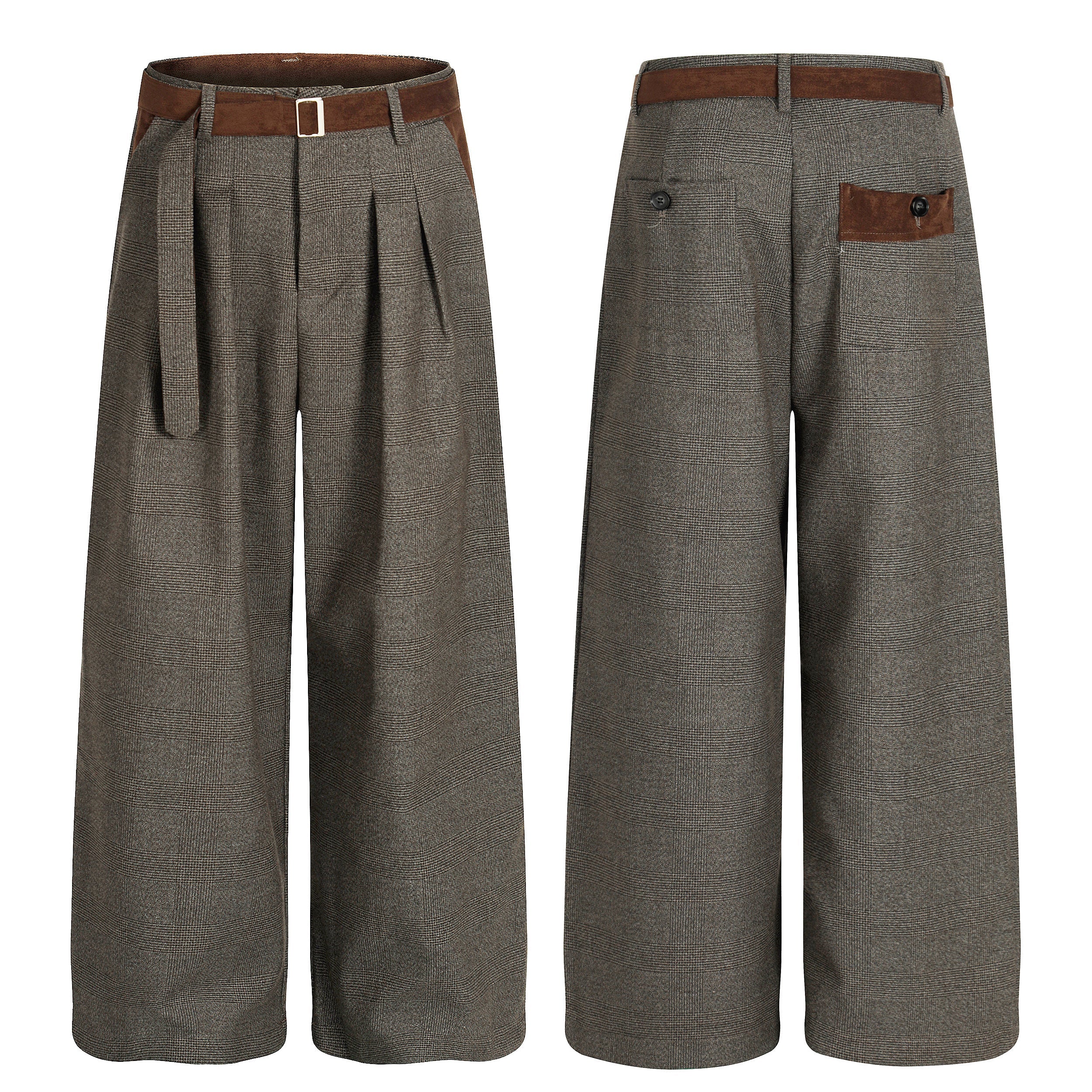 Front and back view of wide-leg grey plaid suit trousers with brown faux suede waistband, front pleats, and matching belt