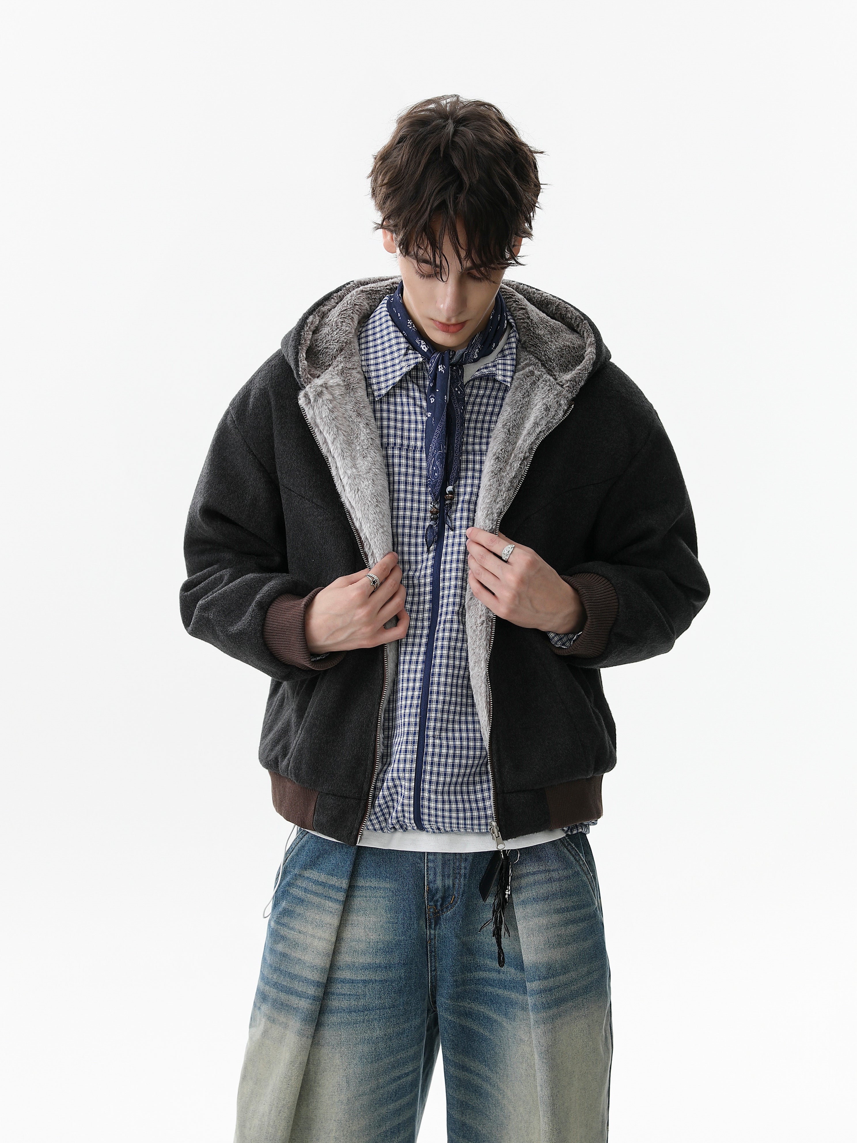 Wool Blend Fleece Hooded Bomber Jacket | Omirad