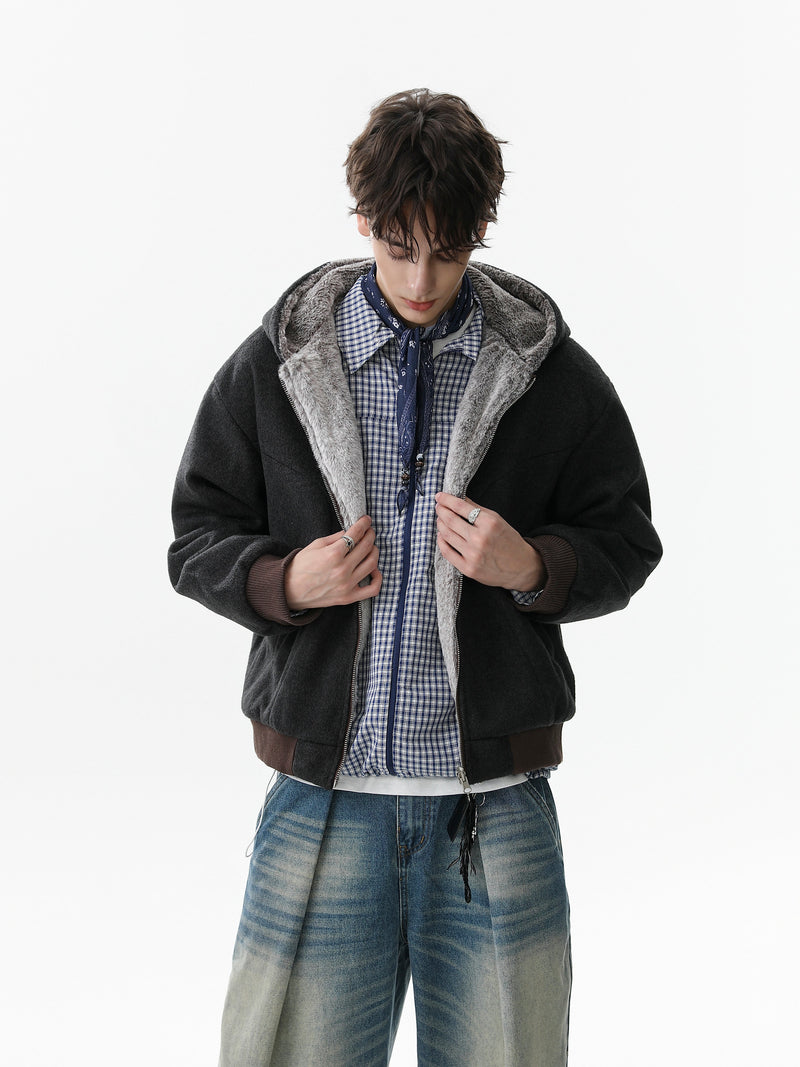 Wool Blend Fleece Hooded Bomber Jacket | Omirad