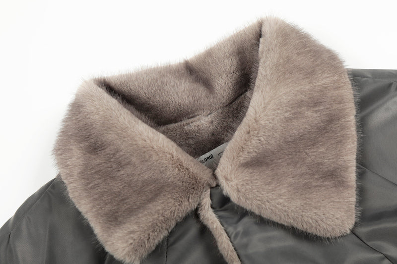 Faux Fur Collar Cropped Nylon Jacket | Smoke Gray & Black
