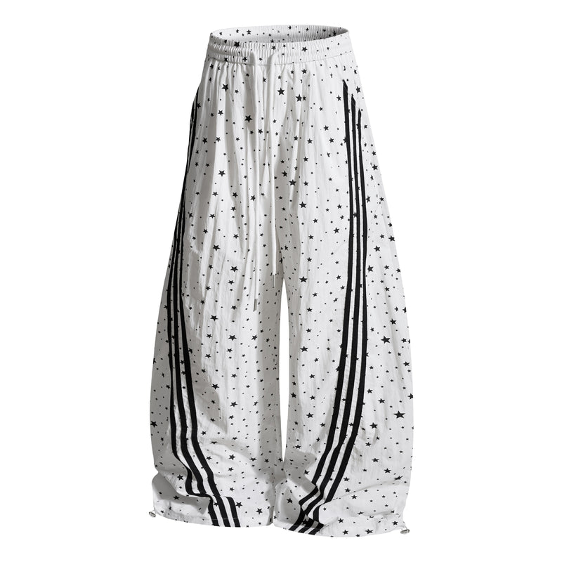 Star Print Wide-Leg Track Pants with Side Stripes | Streetwear