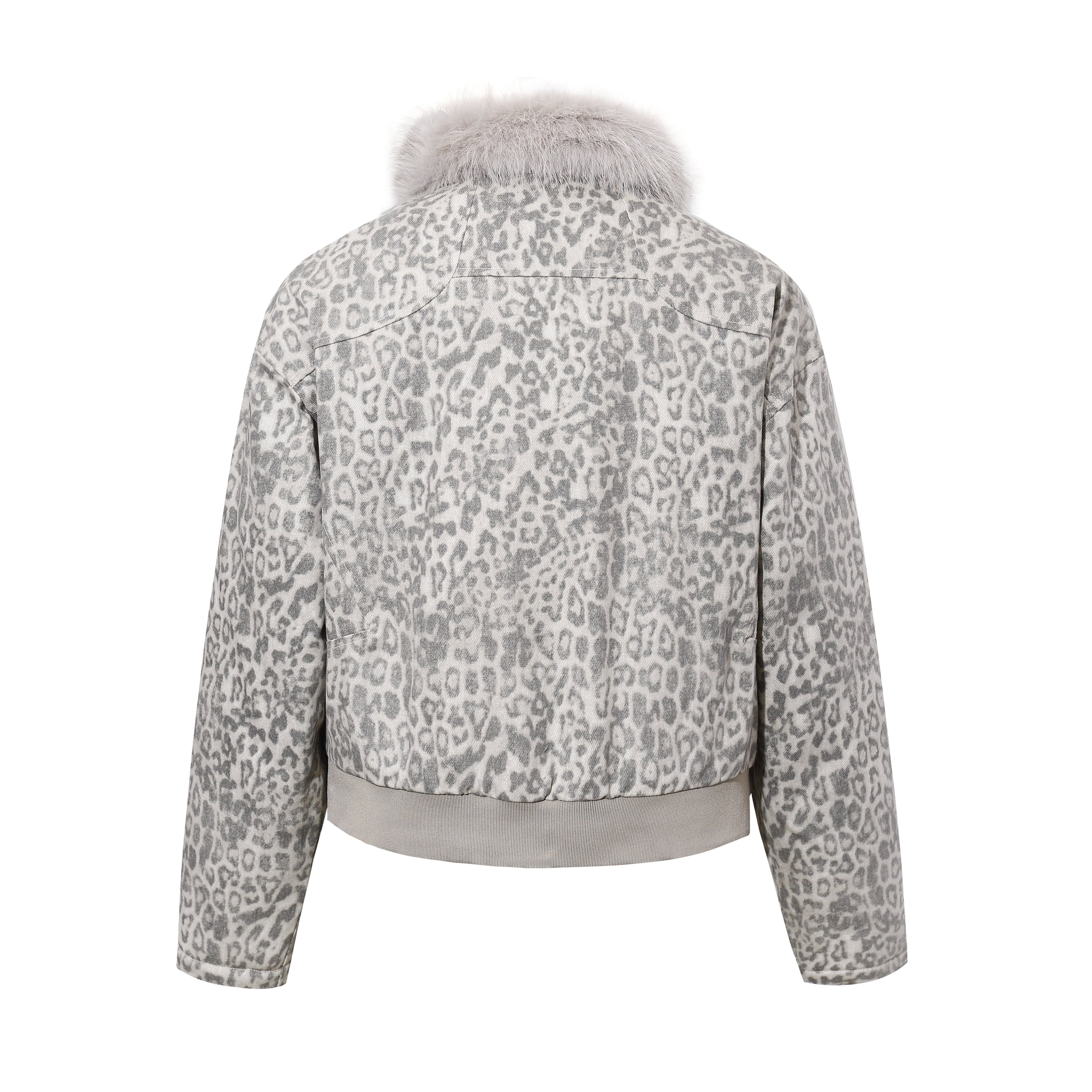 Leopard Print Faux Fur Collar Bomber Jacket | SEAKOFF