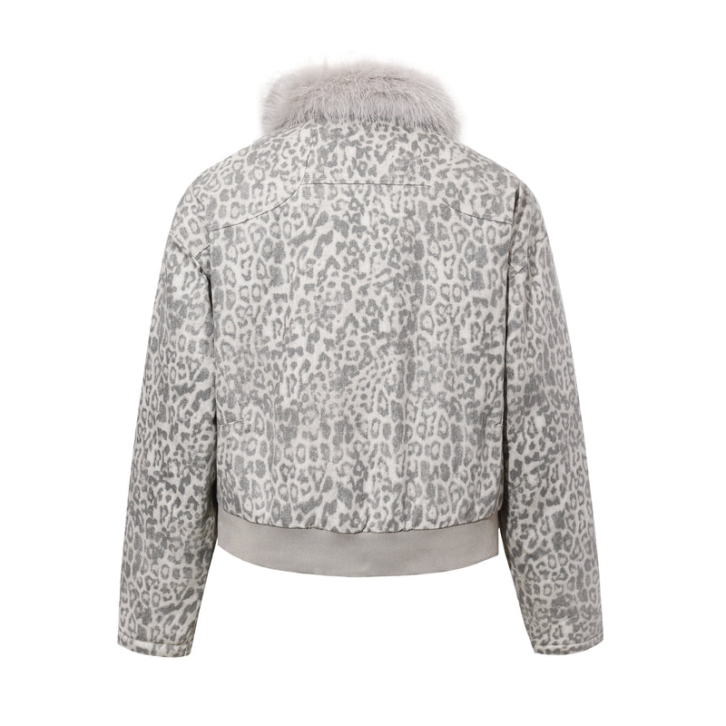 Leopard Print Faux Fur Collar Bomber Jacket | SEAKOFF