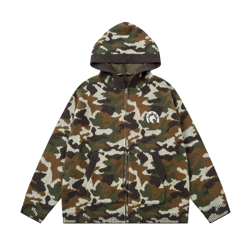 Front view of olive, brown, and cream camouflage knit zip-up hoodie with logo patch