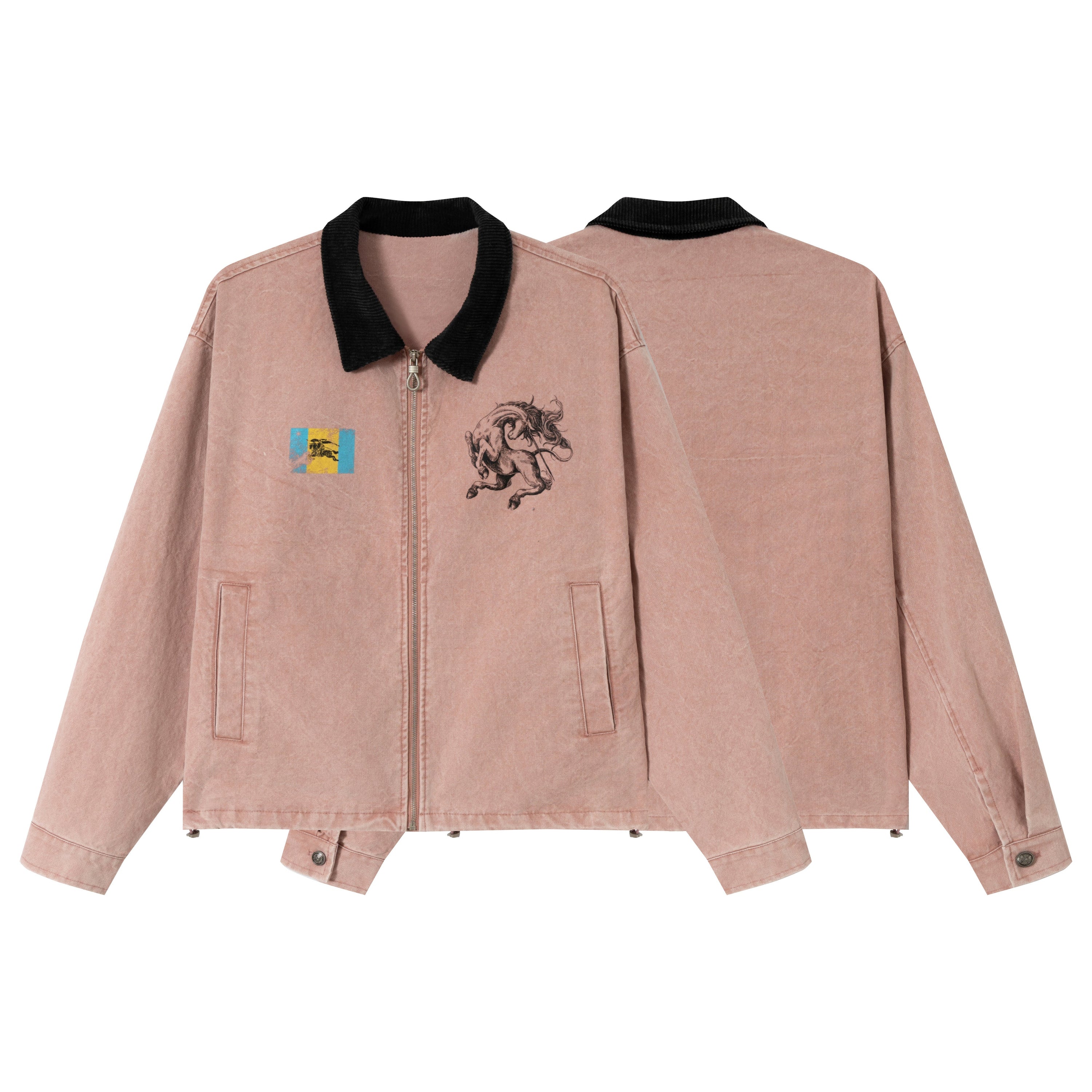 Front and back view of a dusty rose washed zip-up jacket with black corduroy collar, flag patch, and bull graphic print
