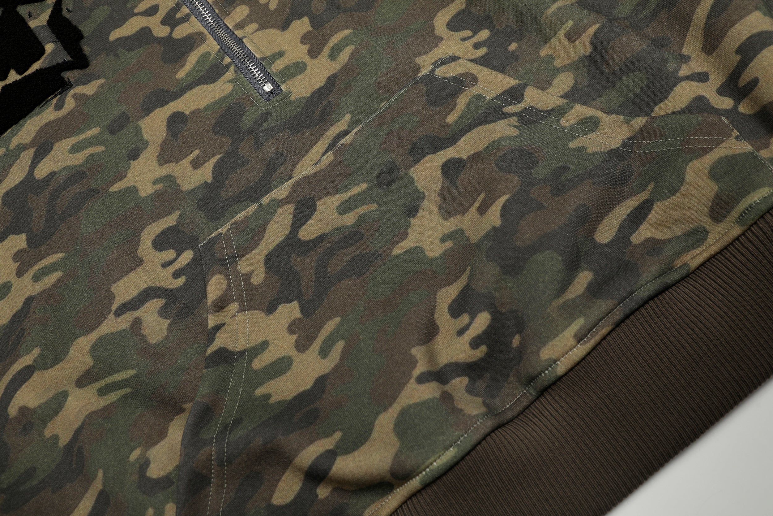 Camo Chenille Patch Half-Zip Hoodie | Streetwear Varsity