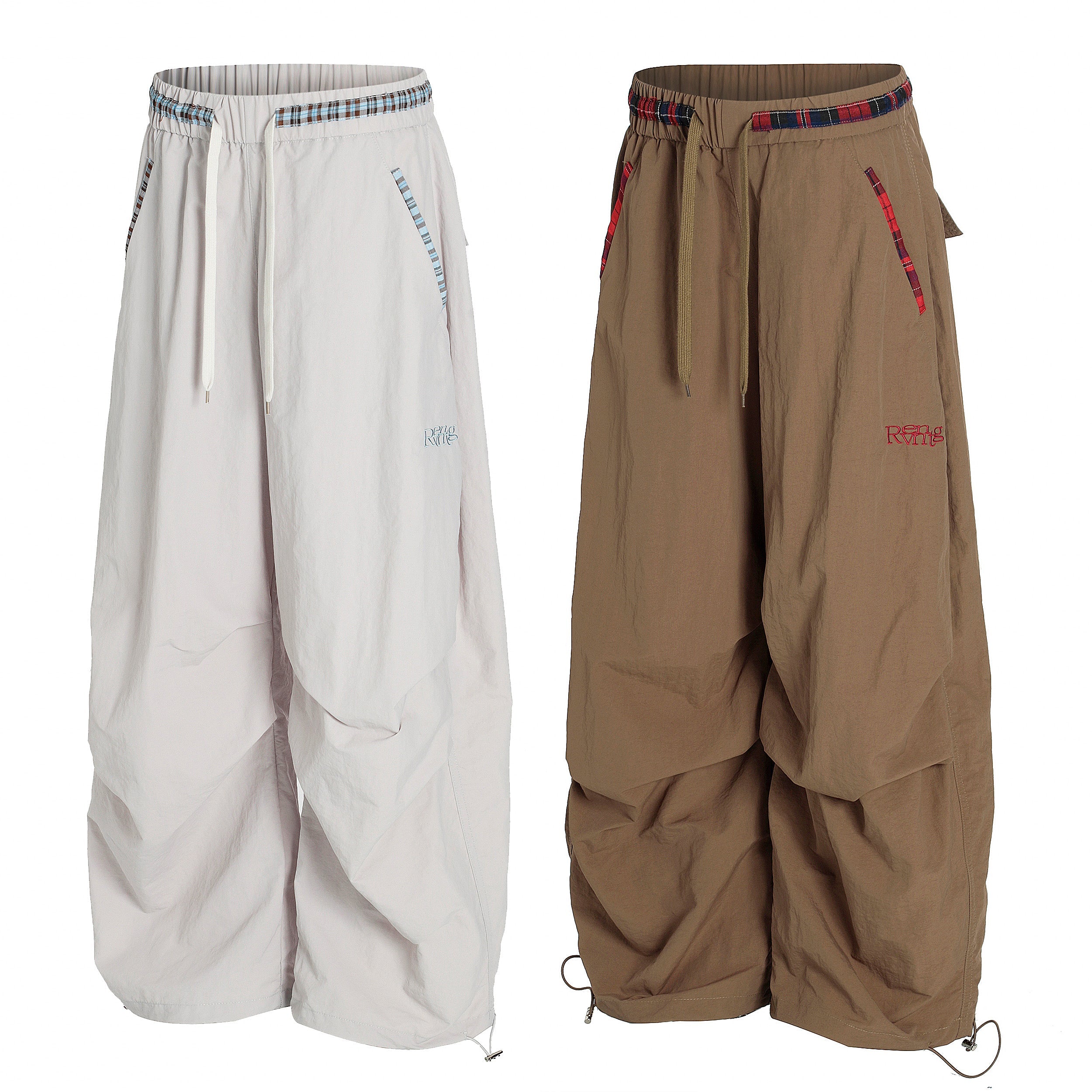 Nylon Plaid-Trim Stacked Pants | Wide-Leg Streetwear