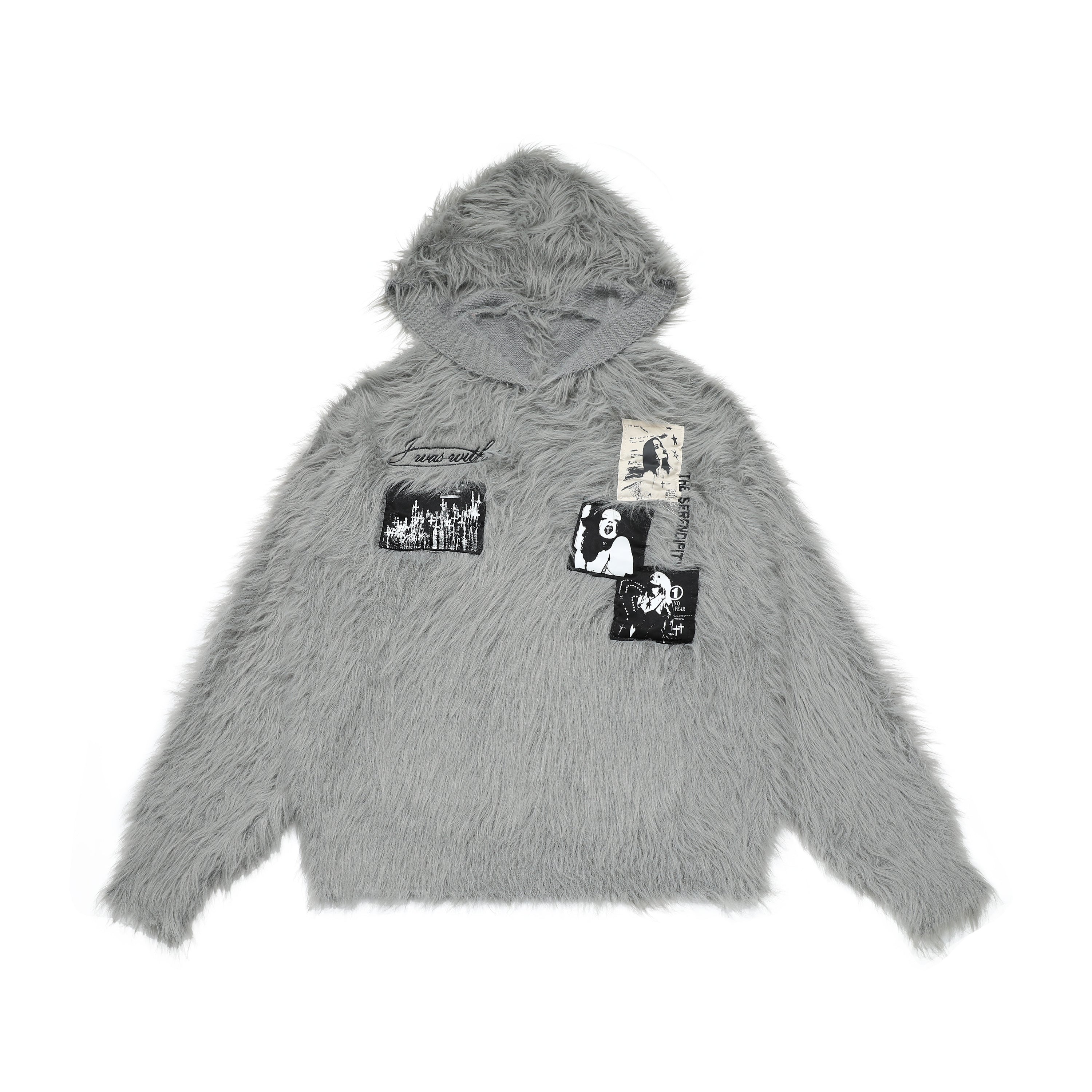 Omirad Fuzzy Patch Knit Hoodie Sweater | Shaggy Grunge Pullover
