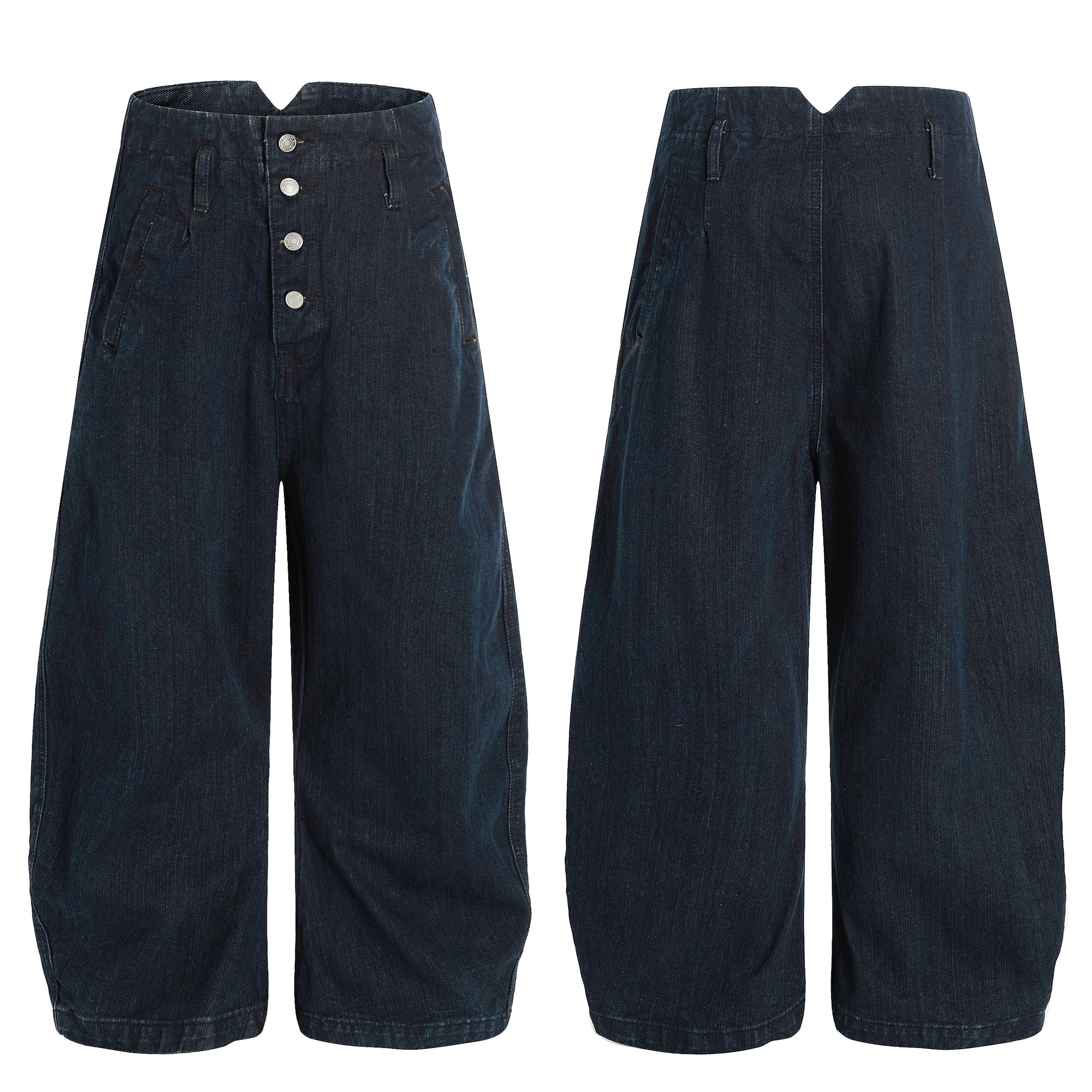 Dark wash wide-leg denim jeans with high-rise V-notch waistband and exposed four-button fly, front and back view