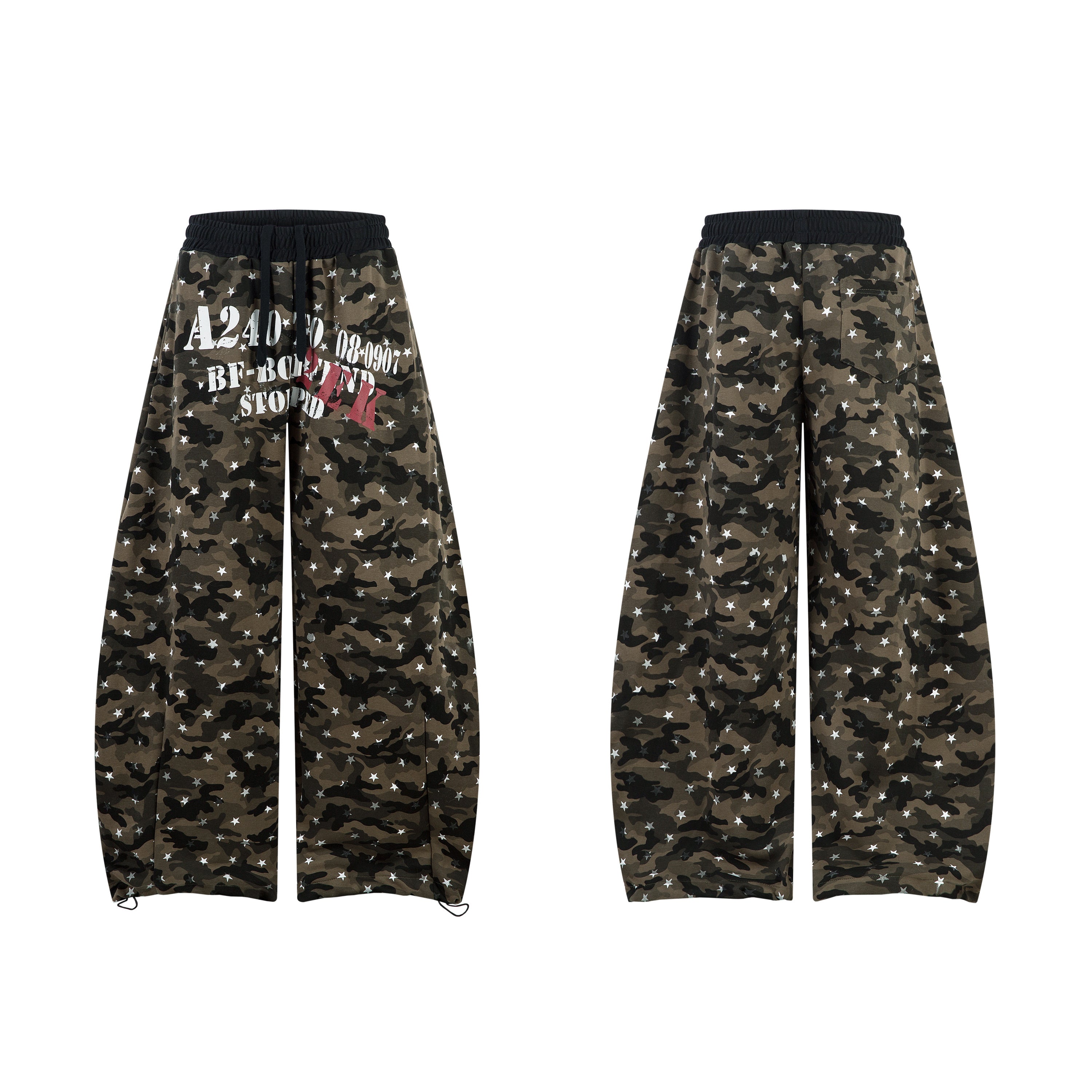 Front and back view of wide-leg camouflage sweatpants with white star print and military stencil lettering on olive camo fabr