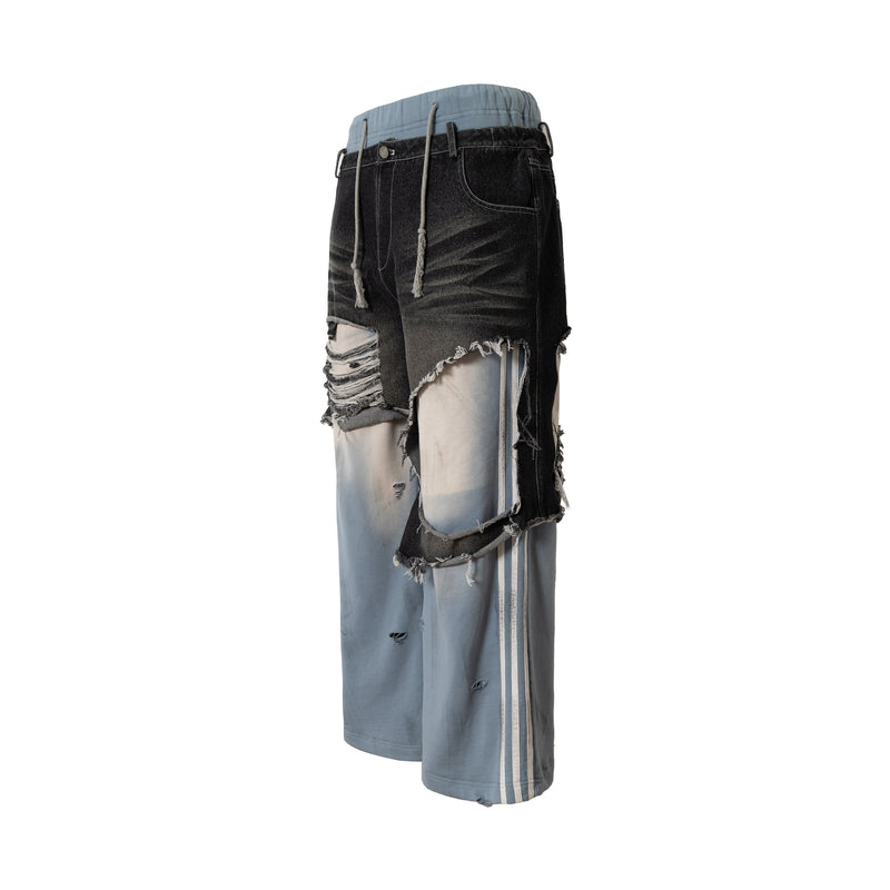 Omirad Dual-Tone Distressed Patchwork Barrel-Leg Jeans