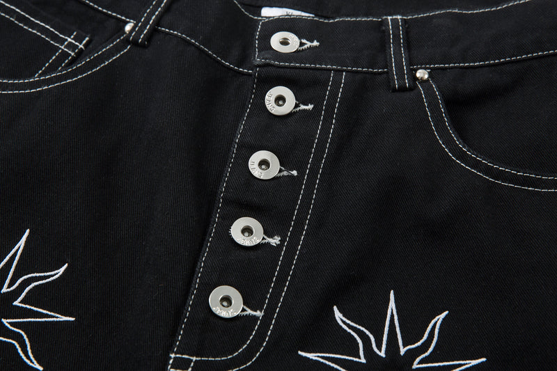 Close-up of black jeans button fly and curved front pockets with contrast stitching