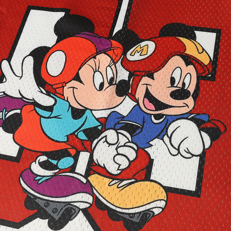Mickey and Minnie graphic football jersey design with number 03, featuring colorful skate-style cartoon artwork on red fabric