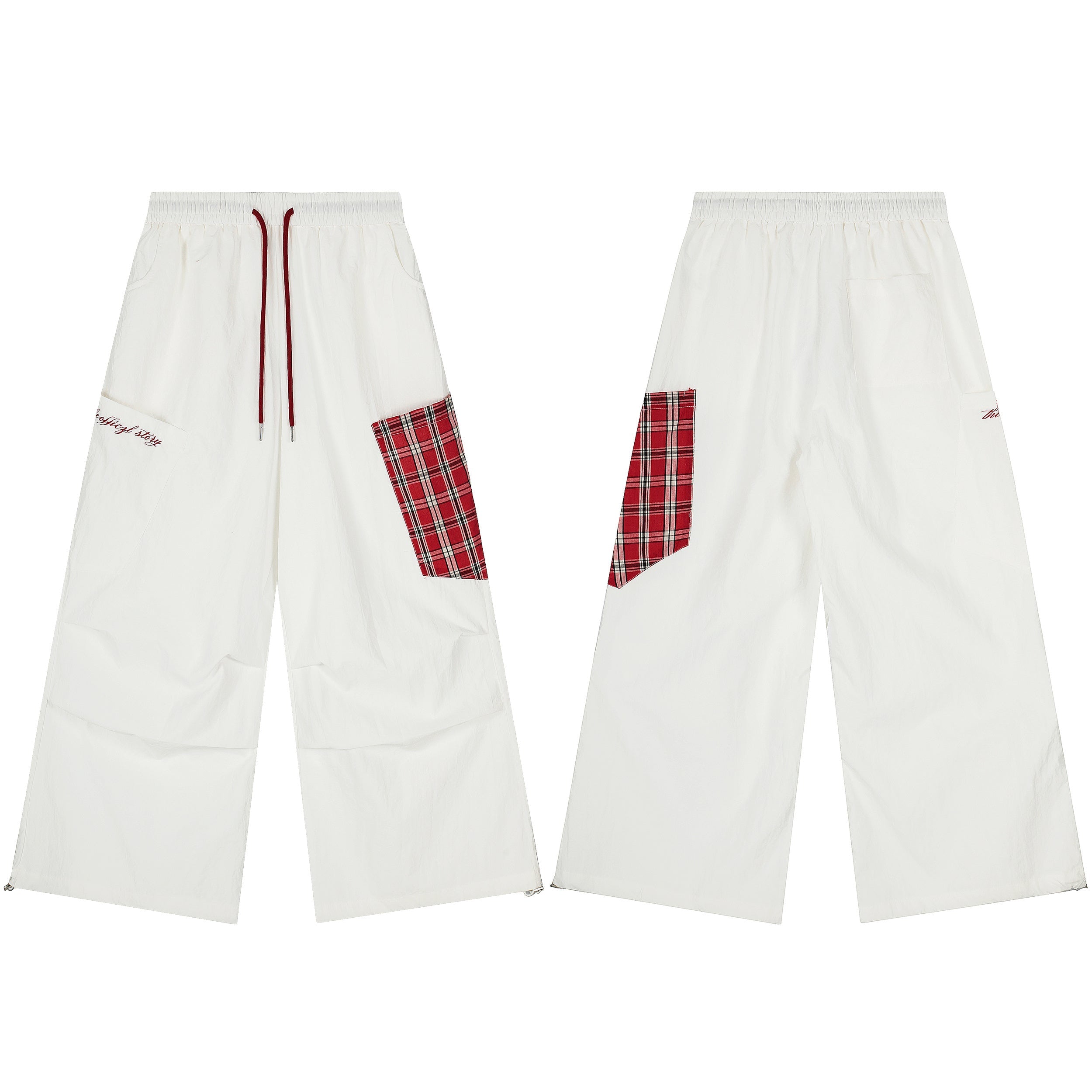 Front and back view of white wide-leg nylon cargo pants with red plaid patch panels and red drawstring waist