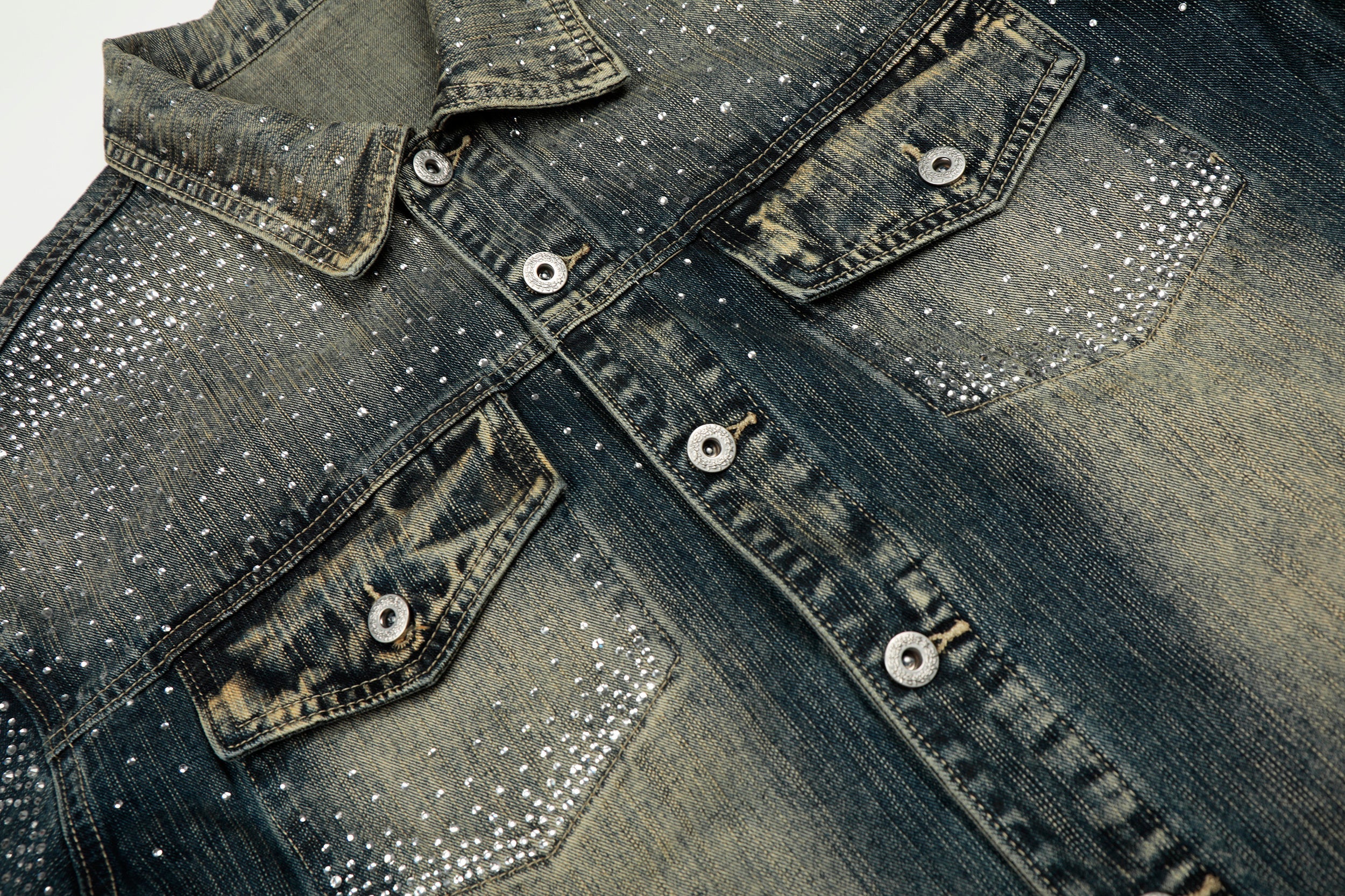 Rhinestone Gradient Denim Jacket | Vintage Wash Street Glam