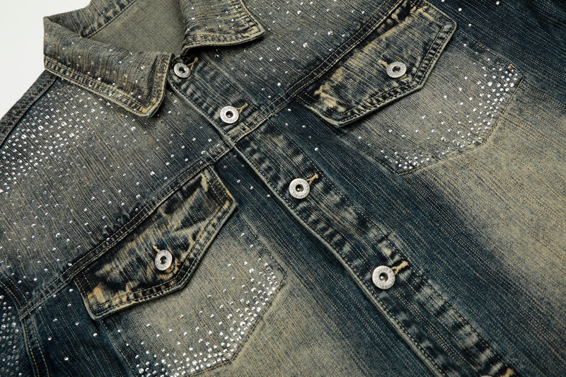 Rhinestone Gradient Denim Jacket | Vintage Wash Street Glam