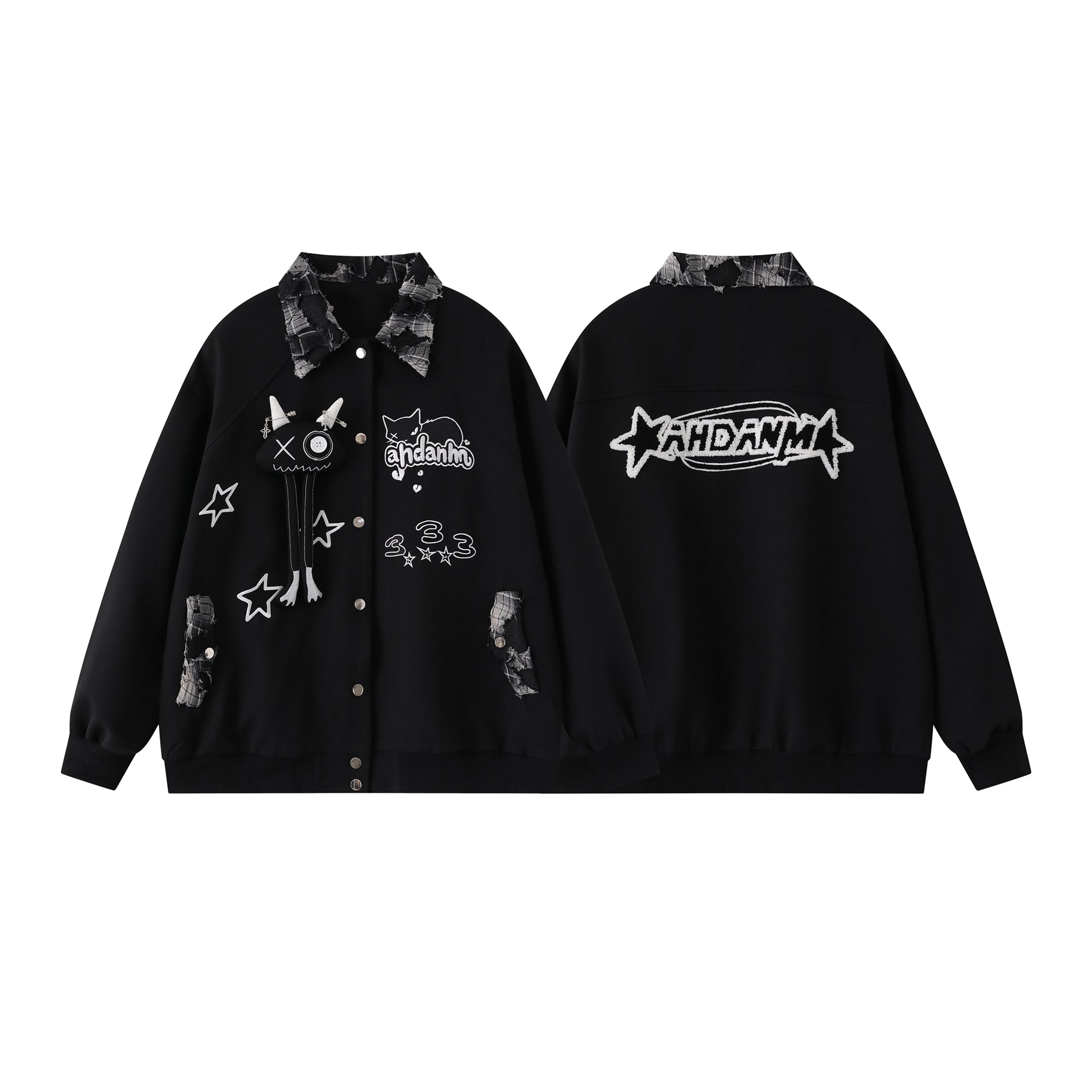 Black oversized varsity jacket with stitched cat graphic, star embroidery, distressed plaid patchwork collar and AHDANM back