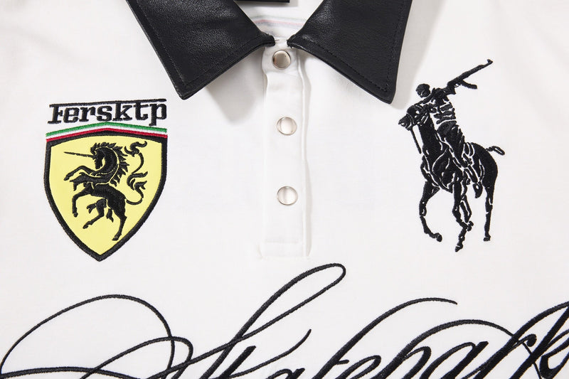 White polo shirt with black leather collar, Ferrari-style crest, and embroidered equestrian graphic on the chest