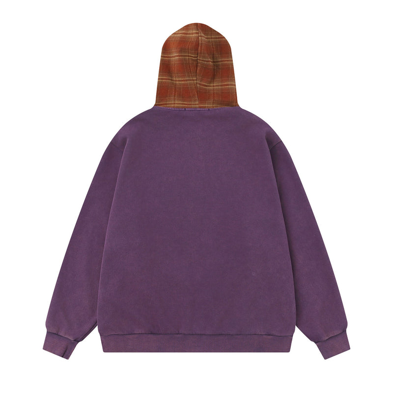 Purple varsity jacket with brown plaid hood, back view