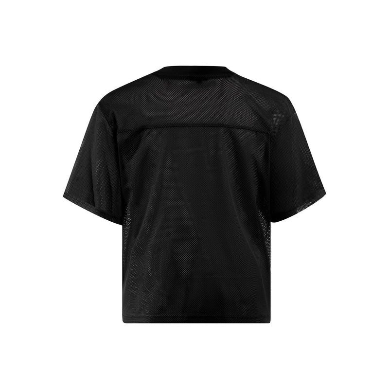 Black mesh football jersey with short sleeves and breathable streetwear sports style on a white background