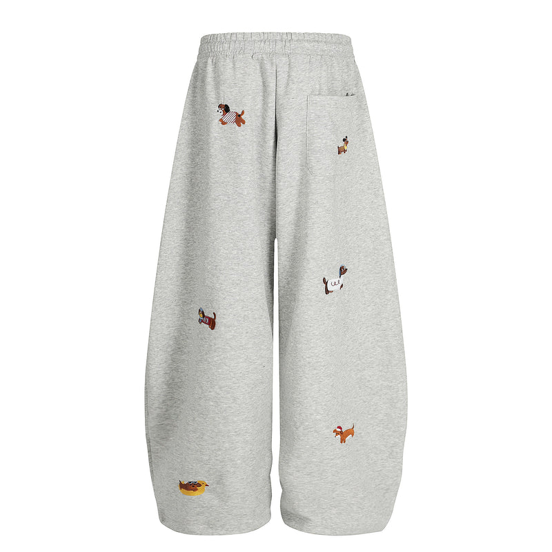 Embroidered Dog Motif Wide-Leg Sweatpants | Omirad