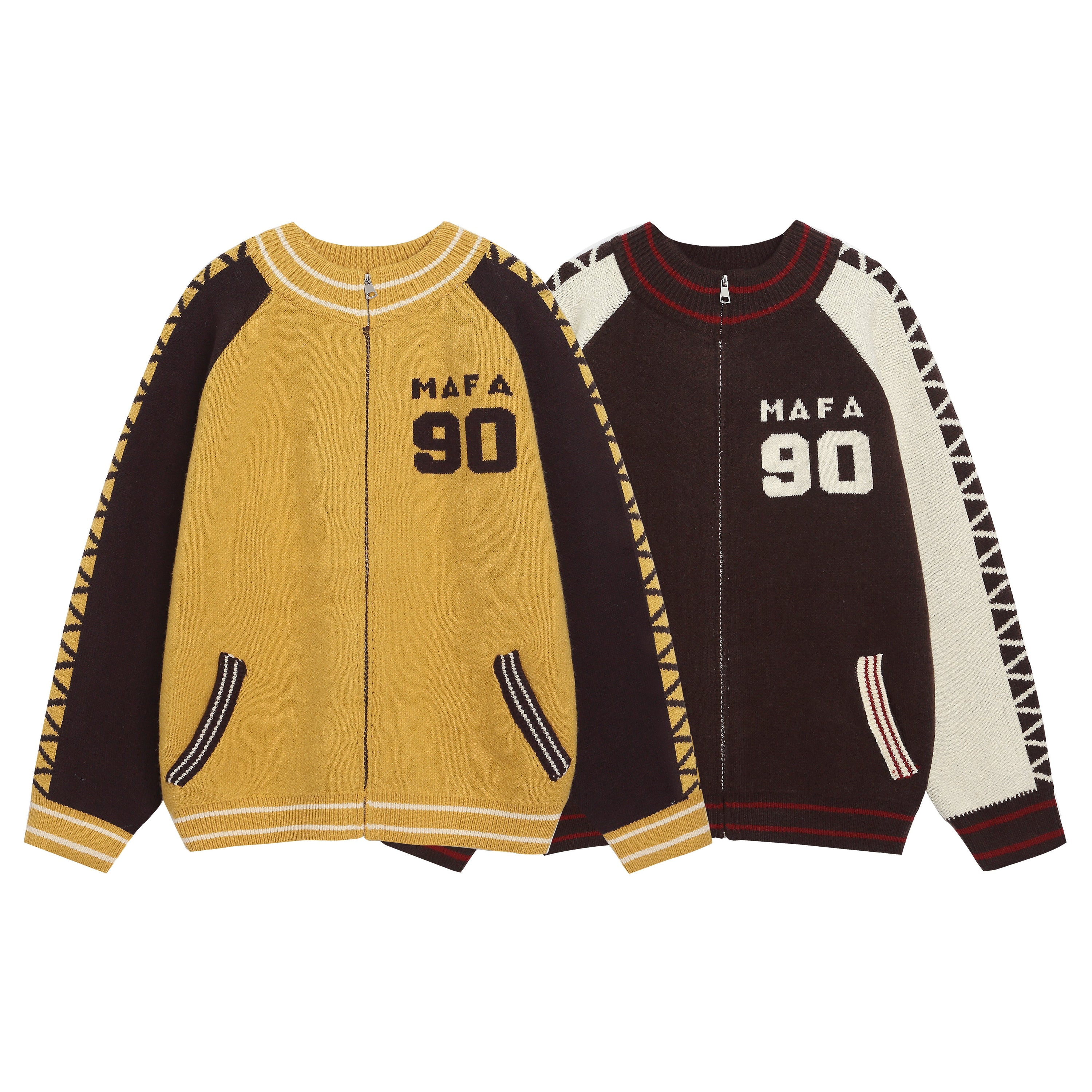 Mustard yellow and dark brown MAFA 90 retro varsity zip knit jacket with geometric sleeve pattern, shown in two colorways