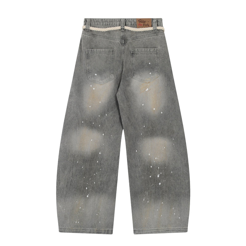 Rope-Waist Paint-Splatter Wide-Leg Jeans | Vintage Wash